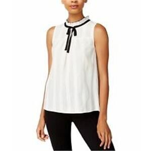 kensie Sleeveless Ruffle Trim Embroidered Stripes Babydoll Top White Small
